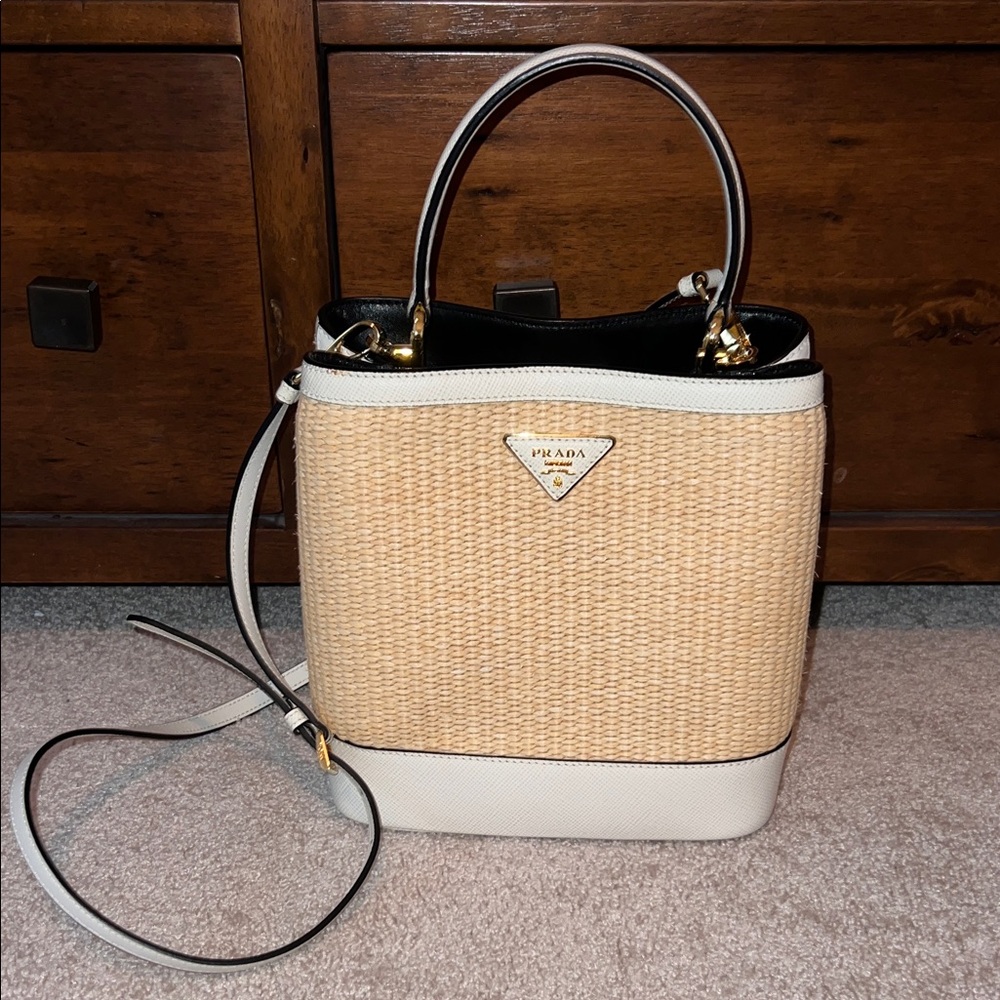 Authentic Prada Beige and White raffia Bag